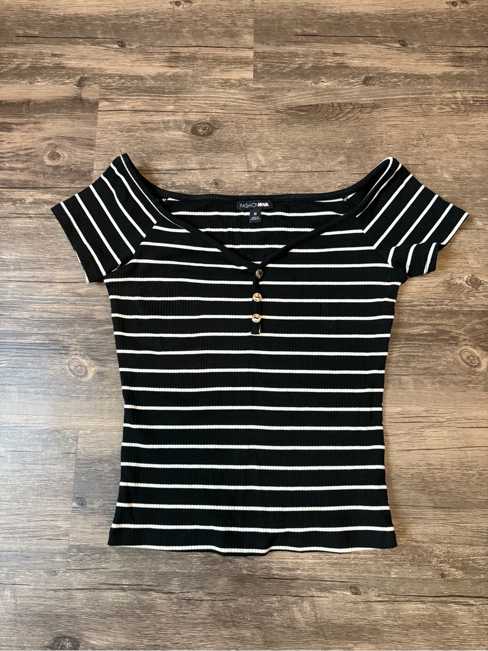 Fashion Nova Black & White Striped Off-the-Shoulder Ribbed Top with Buttons